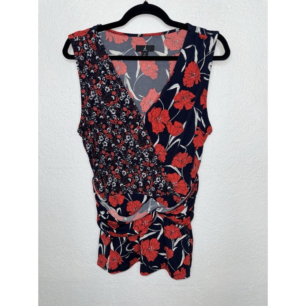 J Jason Wu Womens Top Blouse Red White Black Floral Sleeveless V-Neck Stretchy N